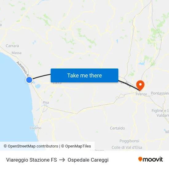 Viareggio Railway Station to Careggi Hospital map