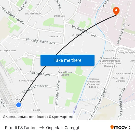 Rifredi Station Fantoni to Careggi Hospital map