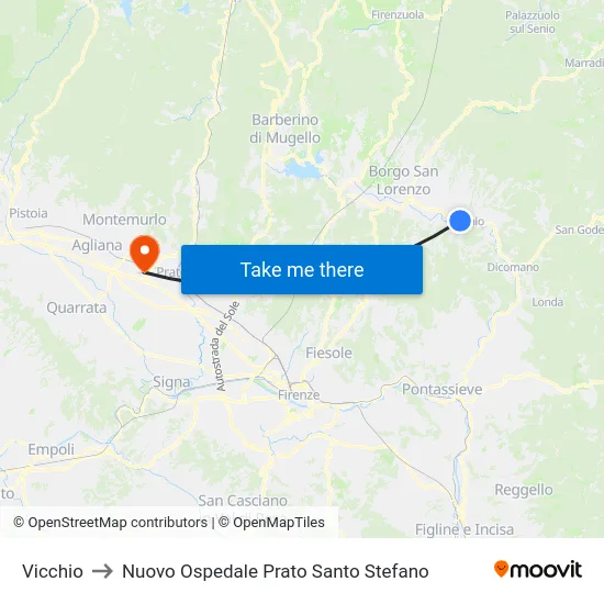 Vicchio to Nuovo Ospedale Prato Santo Stefano map