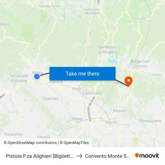 Pistoia Alighieri Square [AT Ticket Office] to Monte Senario Convent map