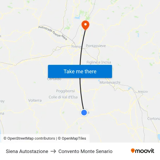 Siena Bus Station to Monte Senario Convent map