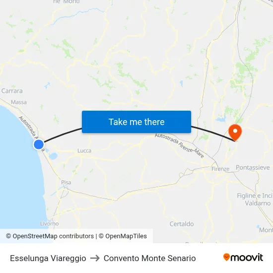 Esselunga Viareggio to Monte Senario Convent map