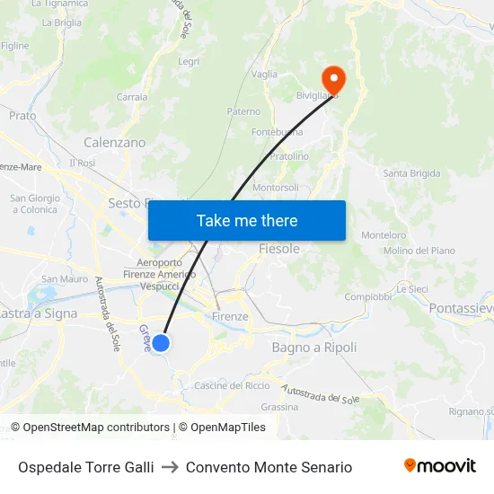 Torre Galli Hospital to Monte Senario Convent map