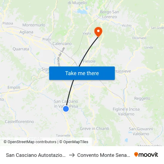 San Casciano Bus Station to Monte Senario Convent map