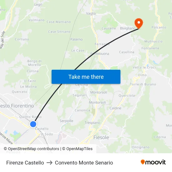 Florence Castello to Monte Senario Convent map
