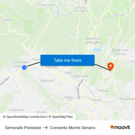 Serravalle Pistoiese to Monte Senario Convent map