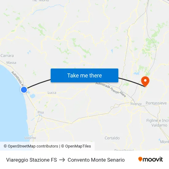 Viareggio Railway Station to Monte Senario Convent map