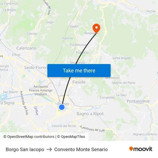 Borgo San Iacopo to Monte Senario Convent map