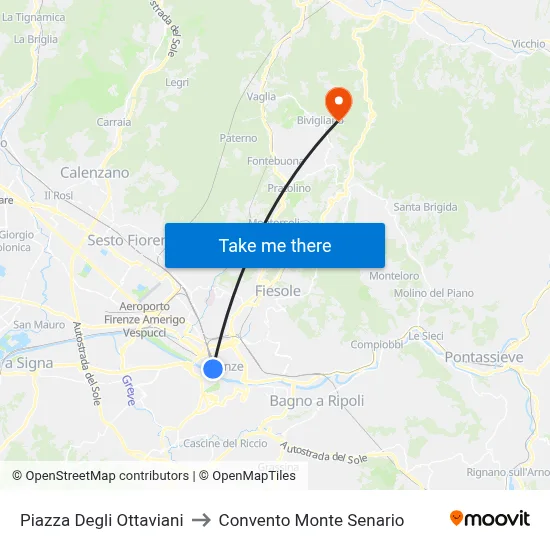 Piazza Degli Ottaviani to Monte Senario Convent map