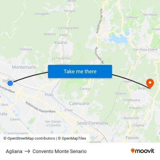 Agliana to Monte Senario Convent map