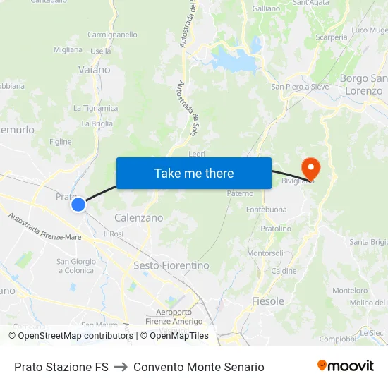 Prato Railway Station to Monte Senario Convent map