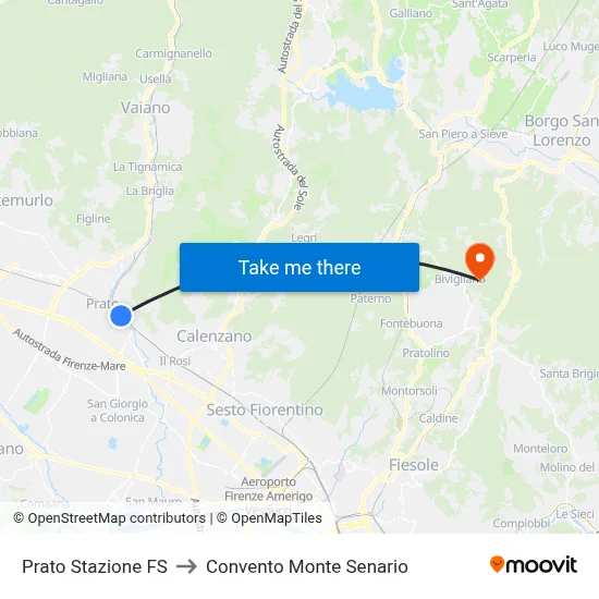 Prato Railway Station to Monte Senario Convent map
