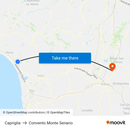 Capriglia to Monte Senario Convent map