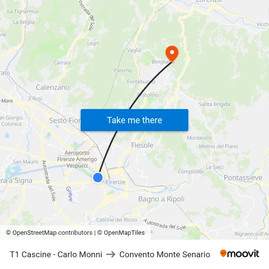 T1 Cascine - Carlo Monni to Monte Senario Convent map