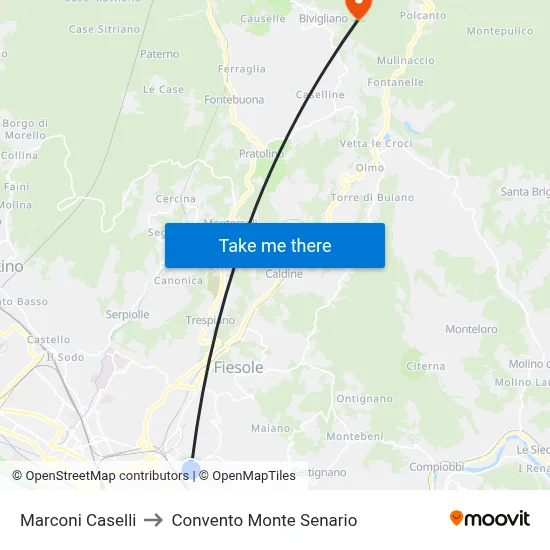 Marconi Caselli to Monte Senario Convent map