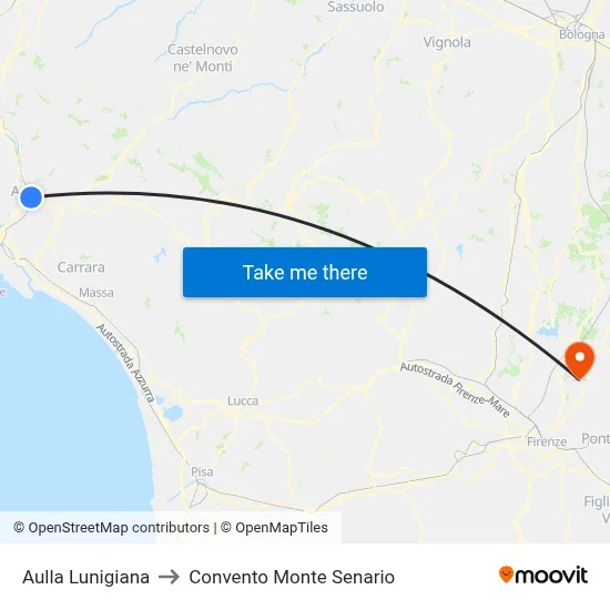 Aulla Lunigiana to Monte Senario Convent map