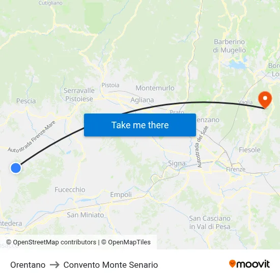 Orentano to Monte Senario Convent map