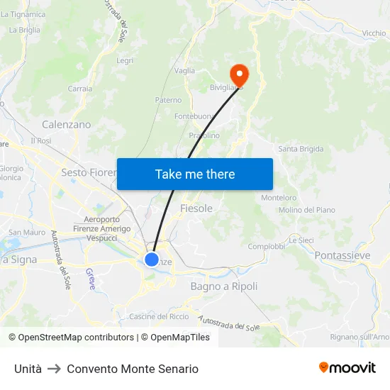 Unità to Monte Senario Convent map