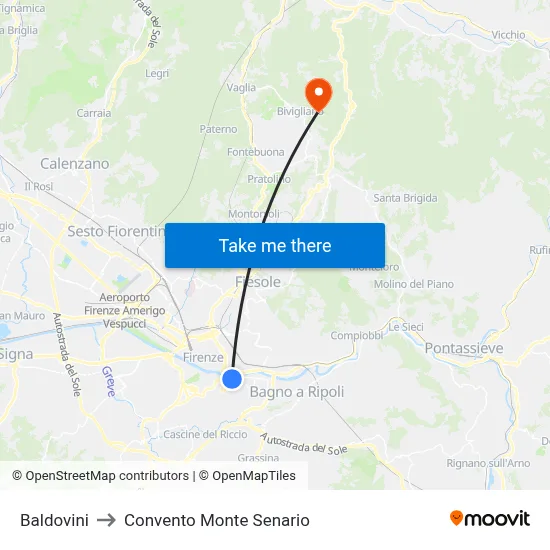 Baldovini to Monte Senario Convent map