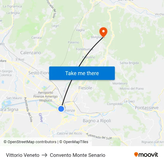 Vittorio Veneto to Monte Senario Convent map