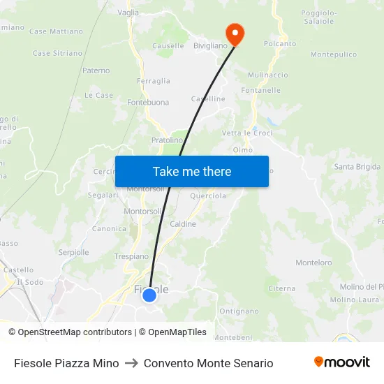 Fiesole Mino Square to Monte Senario Convent map