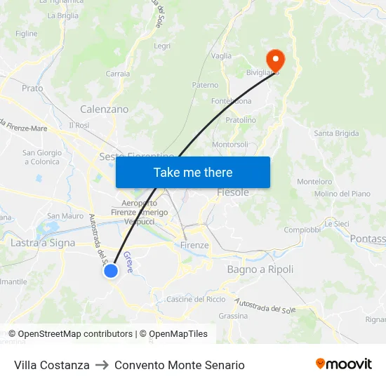 Villa Costanza to Monte Senario Convent map