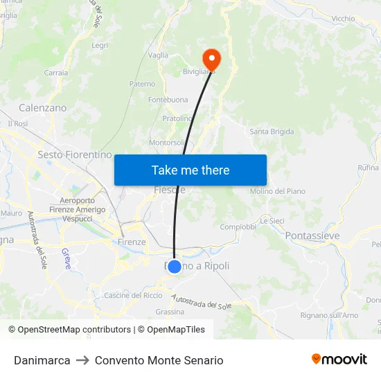 Denmark to Monte Senario Convent map