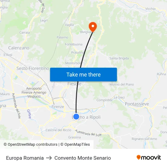 Europe Romania to Monte Senario Convent map