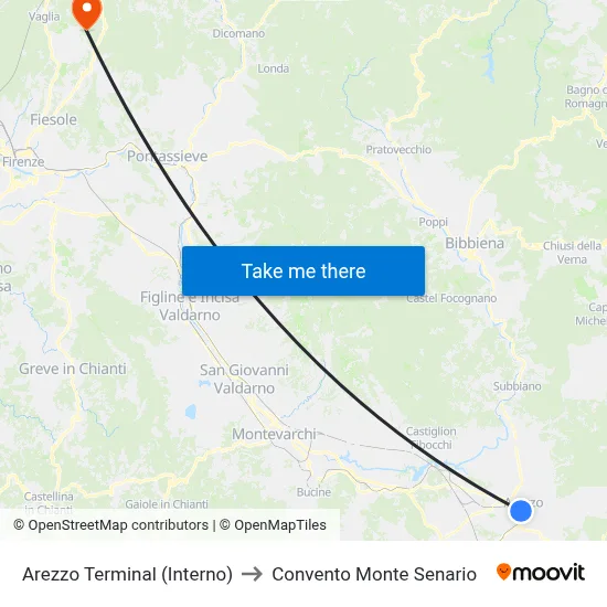Arezzo Terminal (Interior) to Monte Senario Convent map