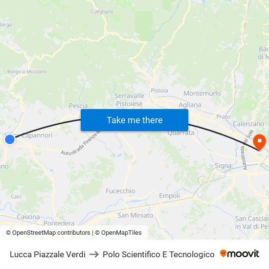 Lucca Piazzale Verdi to Polo Scientifico E Tecnologico map