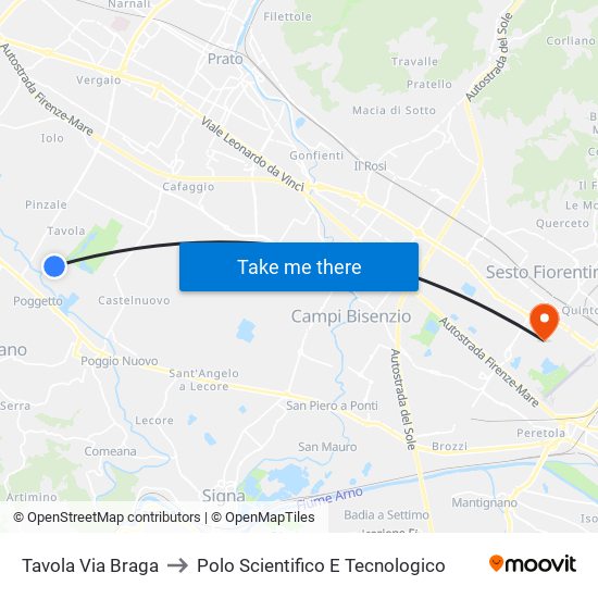 Tavola Via Braga to Polo Scientifico E Tecnologico map