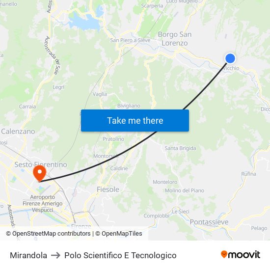 Mirandola to Polo Scientifico E Tecnologico map