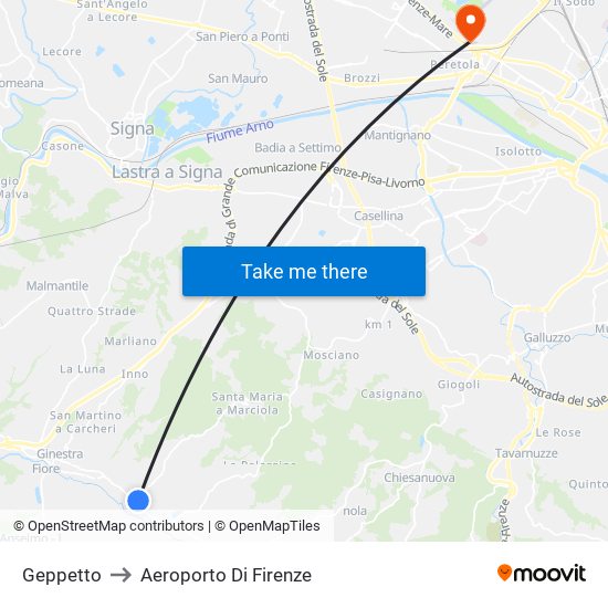 Geppetto to Aeroporto Di Firenze map