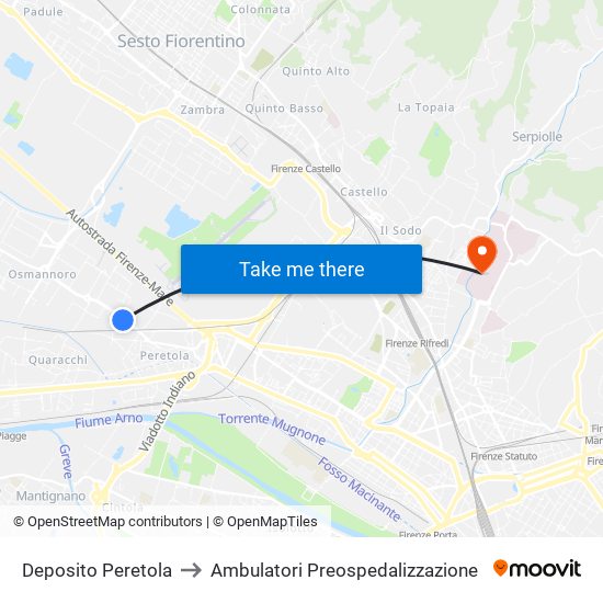 Deposito Peretola to Ambulatori Preospedalizzazione map