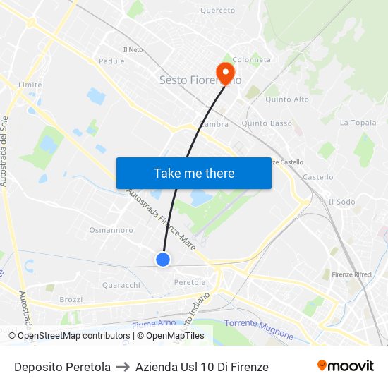 Deposito Peretola to Azienda Usl 10 Di Firenze map
