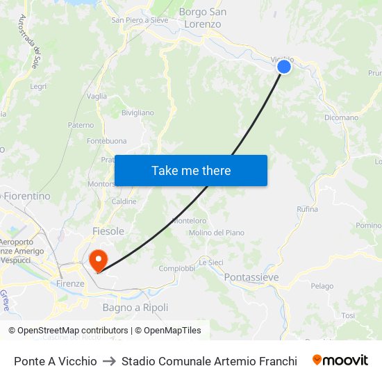 Ponte A Vicchio to Stadio Comunale Artemio Franchi map