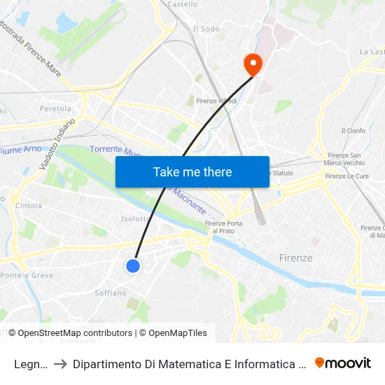 Legnaia to Department of Mathematics and Computer Science "Ulisse Dini" map