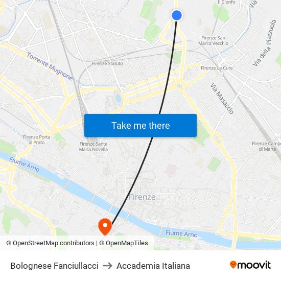 Bolognese Fanciullacci to Accademia Italiana map