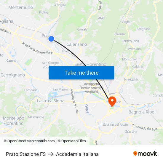 Prato Stazione FS to Accademia Italiana map