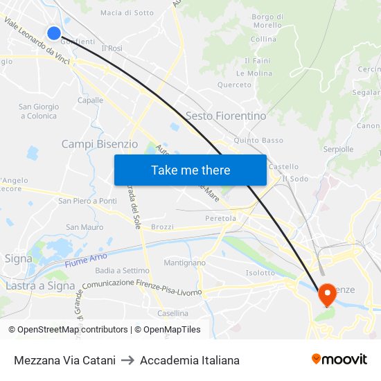 Mezzana Via Catani to Accademia Italiana map