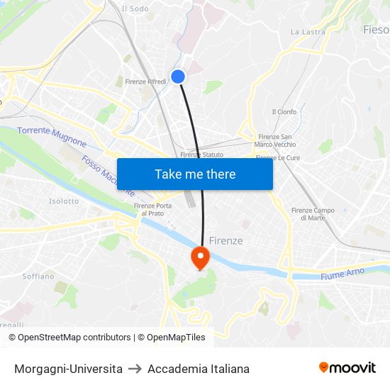 Morgagni-Universita to Accademia Italiana map