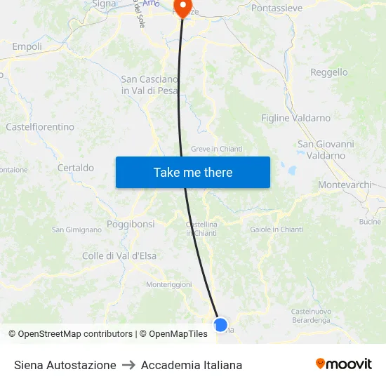 Siena Bus Station to Italian Academy map