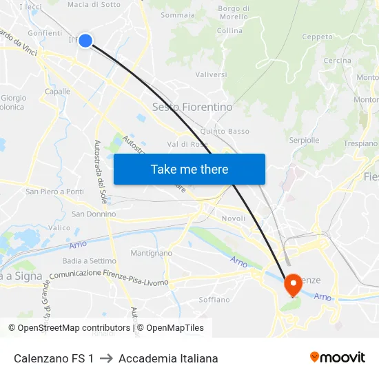 Calenzano Station 1 to Italian Academy map