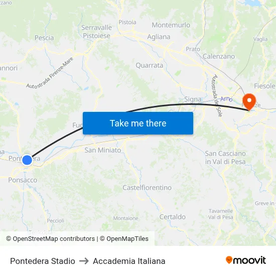 Pontedera Stadium to Italian Academy map