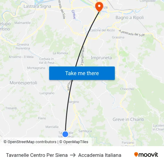 Tavarnelle Center To Siena to Italian Academy map