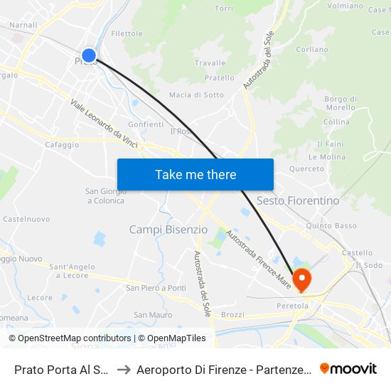 Prato Porta Al Serraglio to Aeroporto Di Firenze - Partenze / Departures map