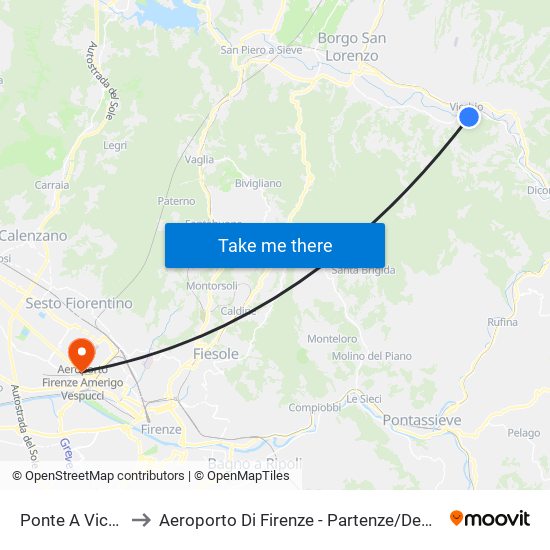 Ponte A Vicchio to Aeroporto Di Firenze - Partenze / Departures map