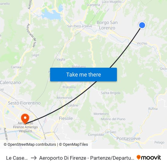 Le Caselle to Aeroporto Di Firenze - Partenze / Departures map