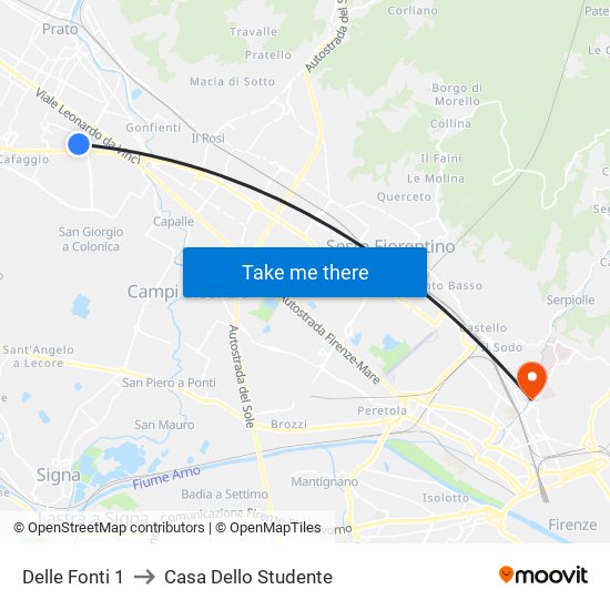 Delle Fonti 1 to Casa Dello Studente map