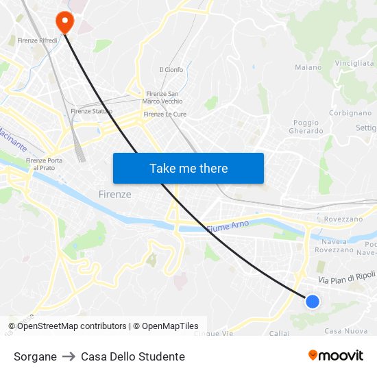 Sorgane to Casa Dello Studente map